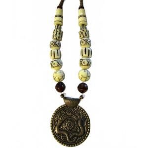 Unique Tribal Beaded Necklace w/ Intricate Pendant Carved Bone Tiger eye Beads